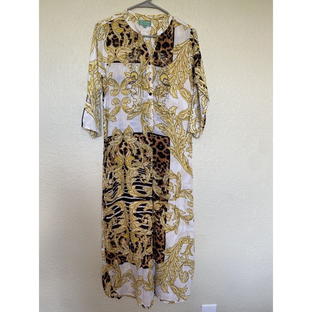 Antica Sartoria Maxi Dress Boho Beads Sequins Ethereal Lounge Small Animal Print
